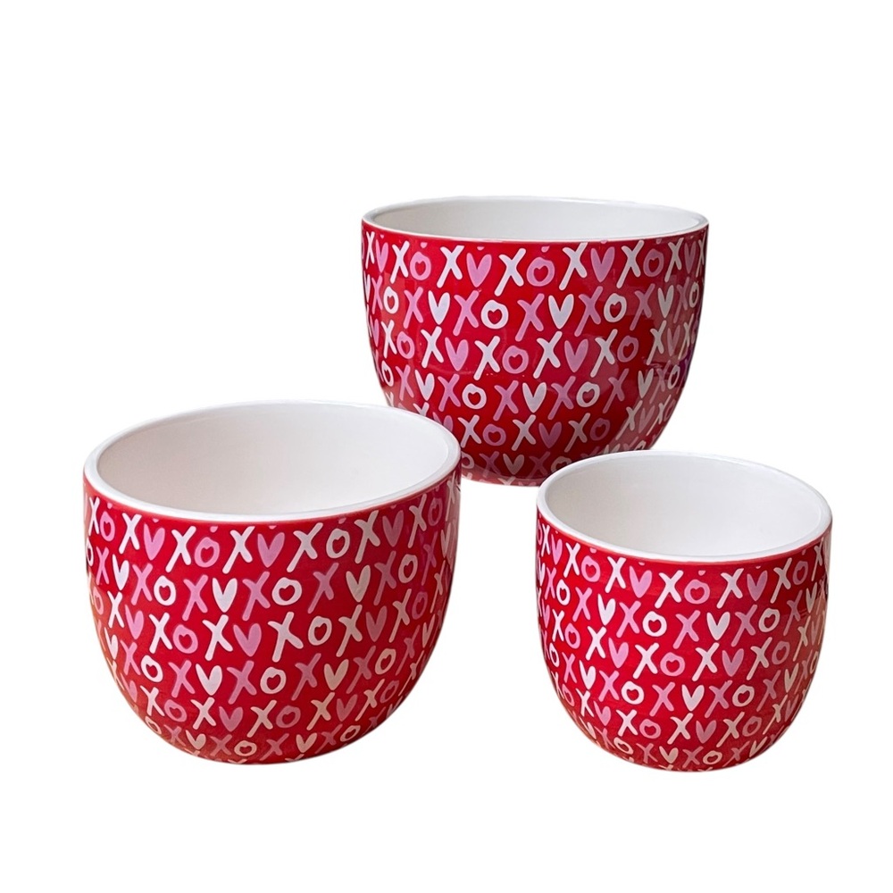 LOVE HUGS KISSES ♥️XO Patterned red bowl nested set 3 bowls soup cereal planters